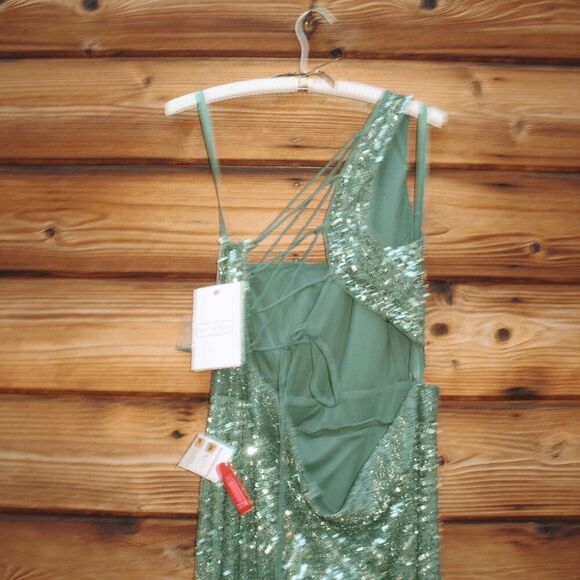 NWT Mac Duggal SEQUINED ONE SHOULDER DRAPED LACE UP GOWN 5687 Green Size 14 - Picture 11 of 16